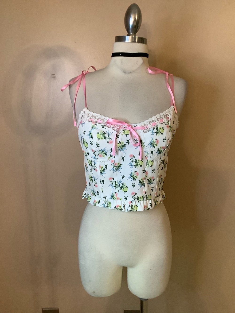 Cider White & Pink Floral Coquette Cottagecore Fairy Lace Ruffle Top Shirt SM